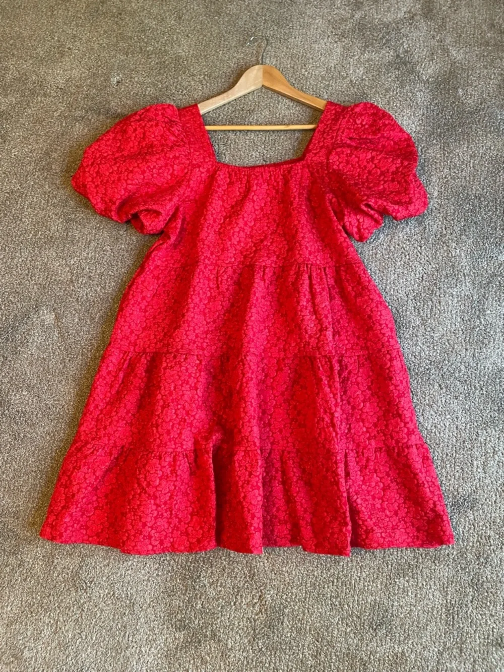 Southern Grace Jasmine Bright Red Puff-Sleeve Tiered Baby Doll Dress Size L - Picture 7 of 10